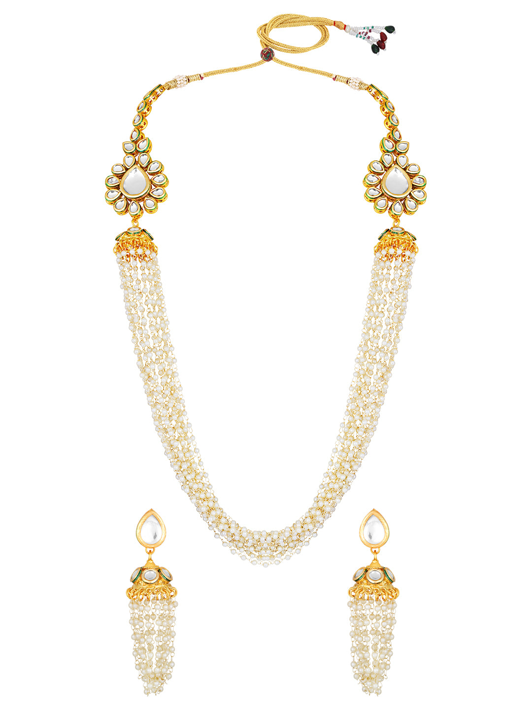 Gold Plated Kundan Studded Pearls Beaded Long Ethnic Jewellery Set