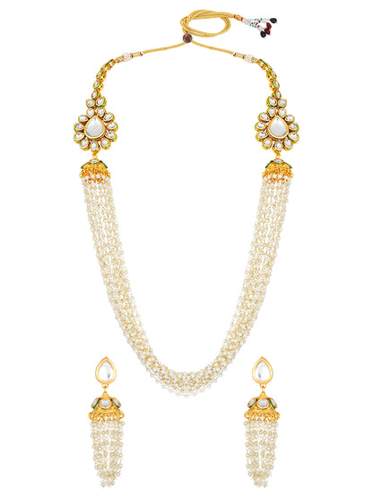 Gold Plated Kundan Studded Pearls Beaded Long Ethnic Jewellery Set