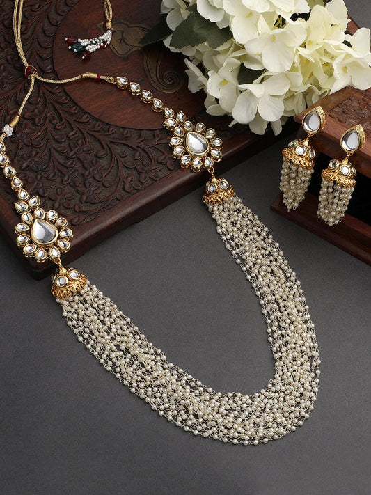 Gold Plated Kundan Studded Pearls Beaded Long Ethnic Jewellery Set - ASMITTA Jewellery 