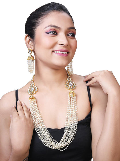 Gold Plated Kundan Studded Pearls Beaded Long Ethnic Jewellery Set - ASMITTA Jewellery 
