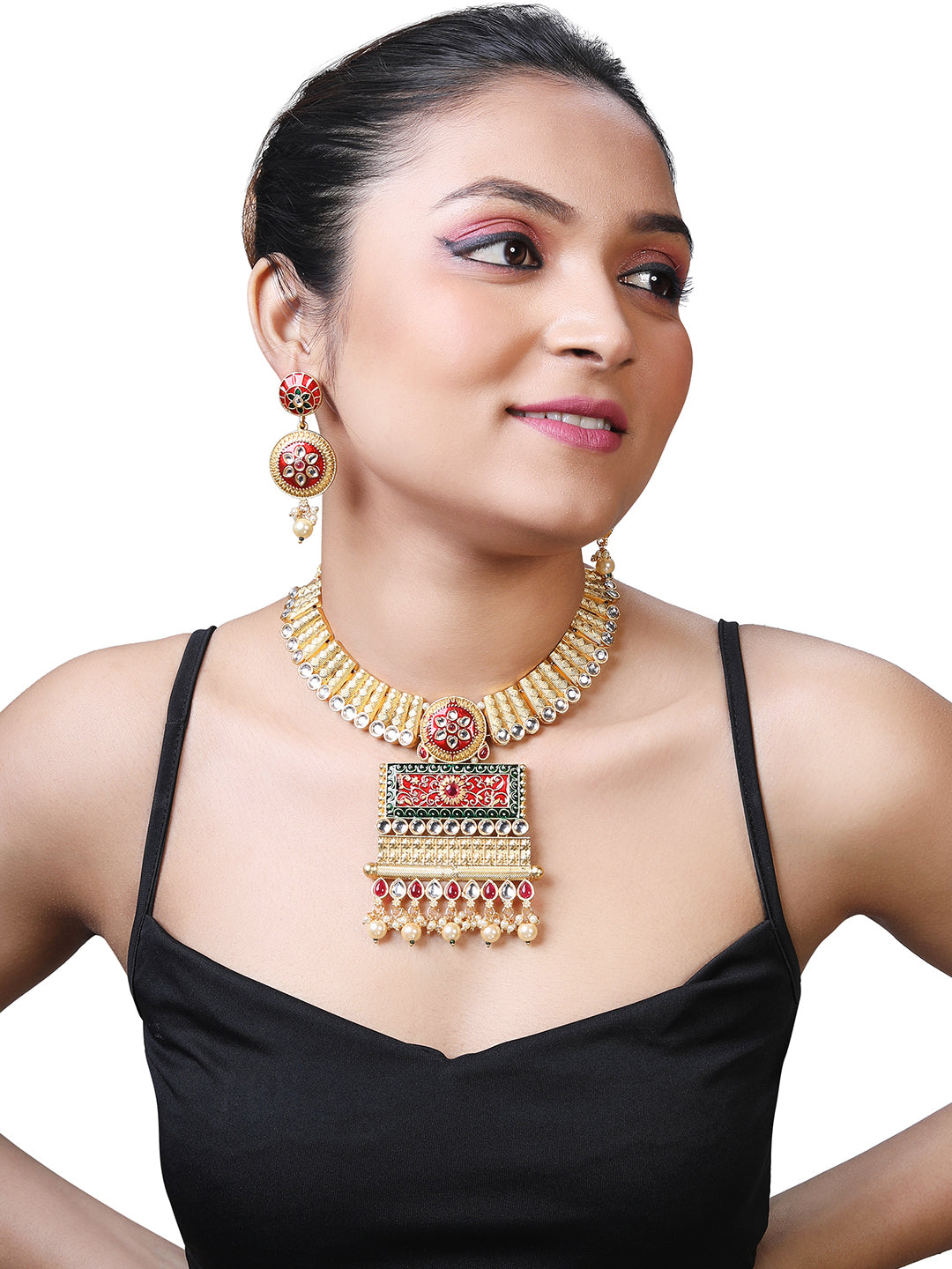 Multicolor Kundan Pearl Gold-Plated Dangle Earrings