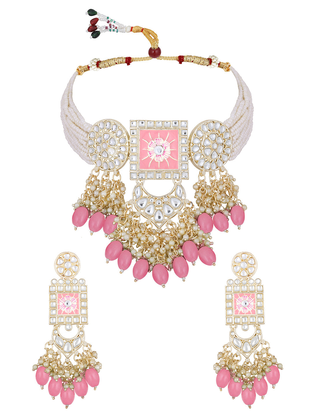 Gold-Plated Kundan Pearl Necklace Set With Dangle Earrings