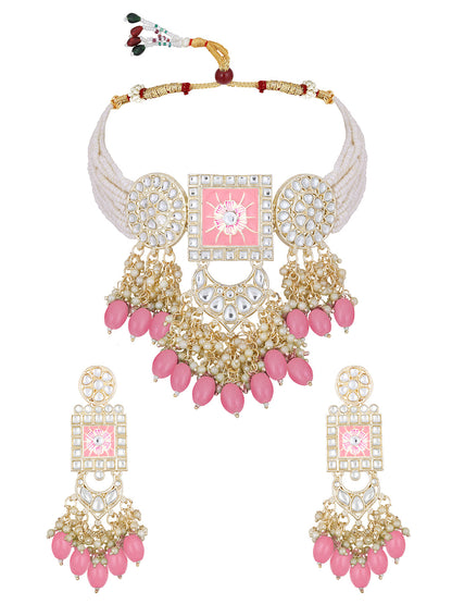 Gold-Plated Kundan Pearl Necklace Set With Dangle Earrings