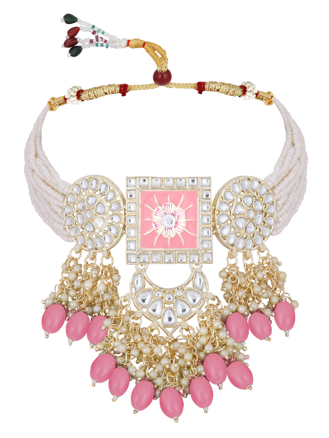 Gold-Plated Kundan Pearl Necklace Set With Dangle Earrings