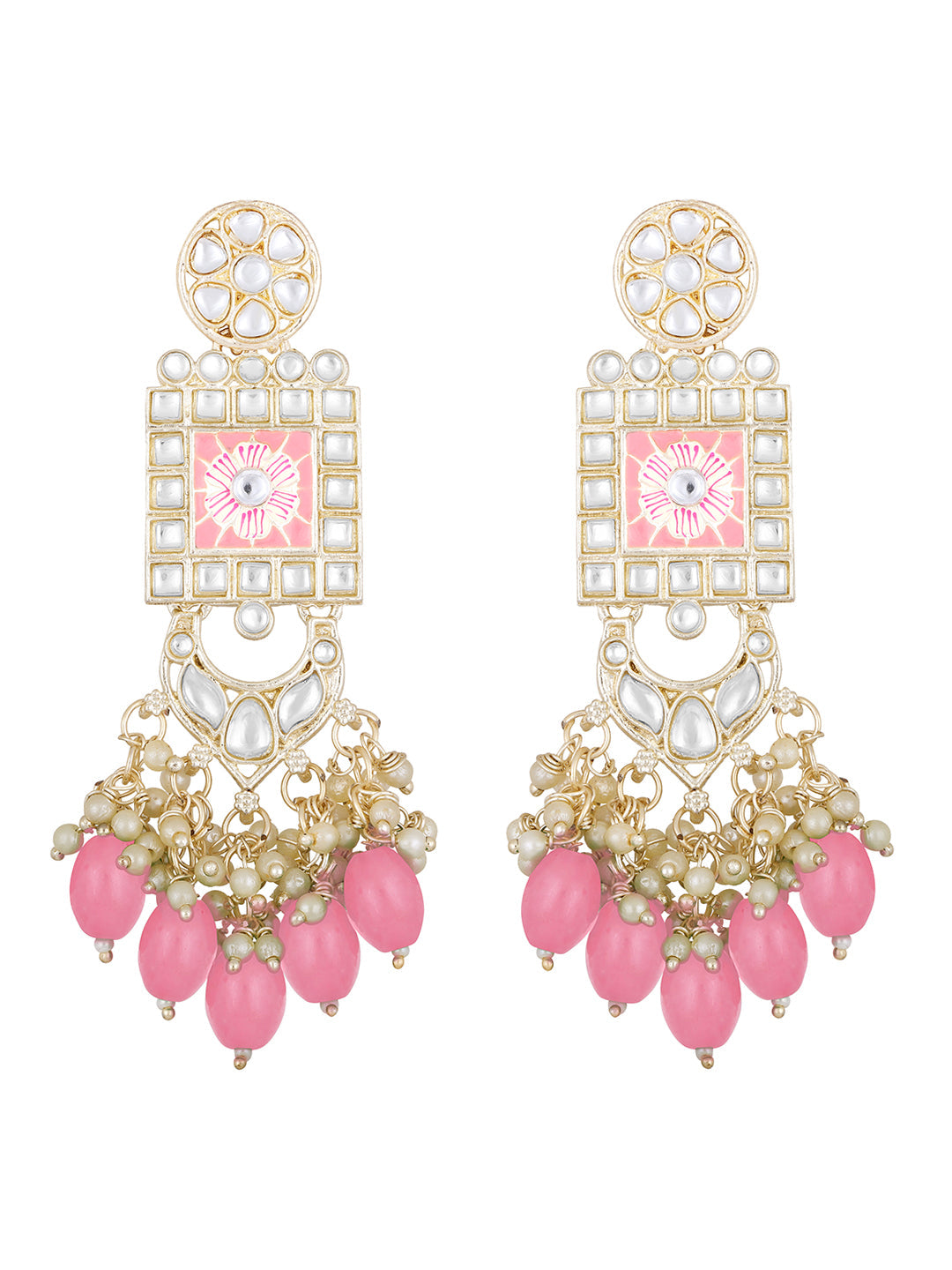 Gold-Plated Kundan Pearl Necklace Set With Dangle Earrings