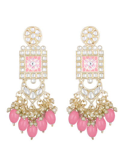 Gold-Plated Kundan Pearl Necklace Set With Dangle Earrings