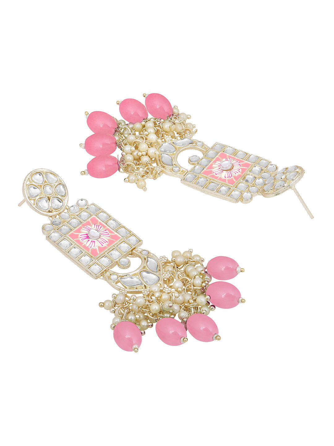 Gold-Plated Kundan Pearl Necklace Set With Dangle Earrings