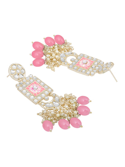 Gold-Plated Kundan Pearl Necklace Set With Dangle Earrings