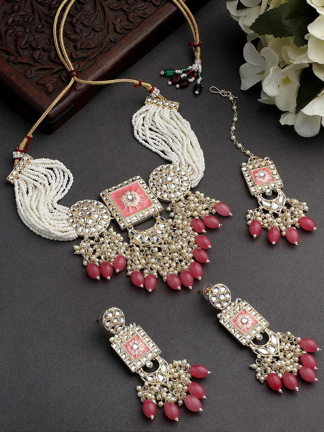 Gold-Plated Kundan Pearl Necklace Set With Dangle Earrings