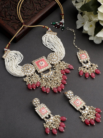 Gold-Plated Kundan Pearl Necklace Set With Dangle Earrings