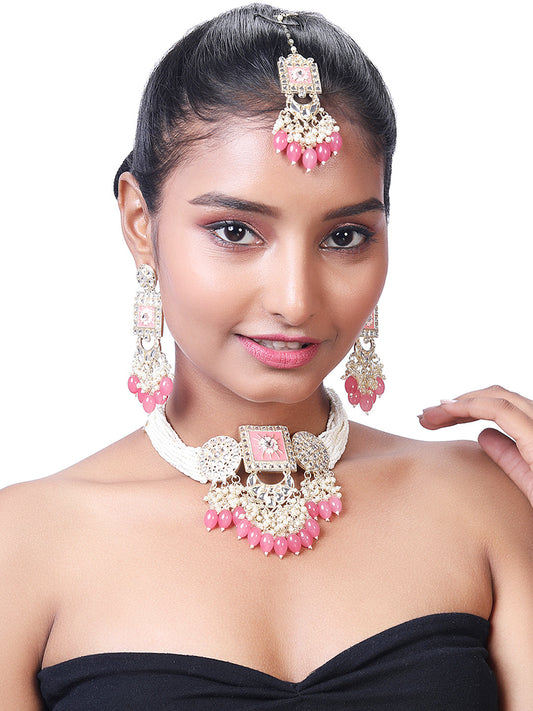 Gold-Plated Kundan Pearl Necklace Set With Dangle Earrings