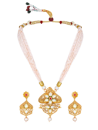 Gold-Plated Kundan Pearl Necklace Set With Dangle Earrings