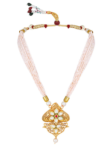 Gold-Plated Kundan Pearl Necklace Set With Dangle Earrings
