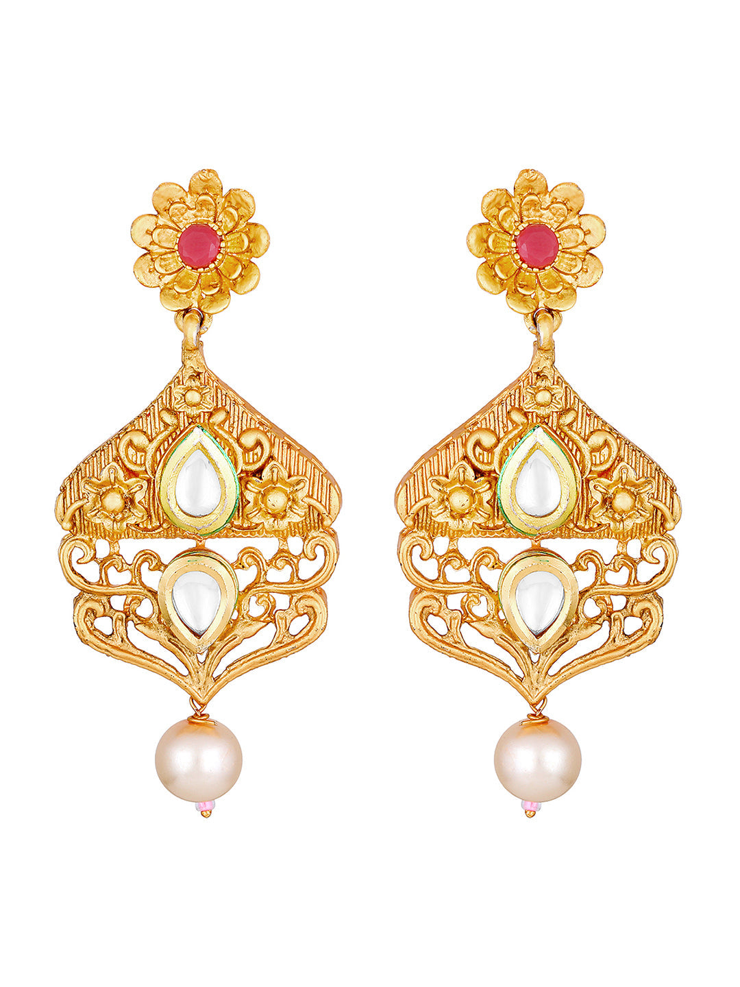 Gold-Plated Kundan Pearl Necklace Set With Dangle Earrings