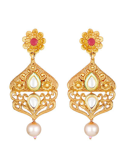 Gold-Plated Kundan Pearl Necklace Set With Dangle Earrings