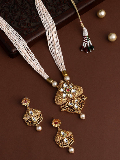 Gold-Plated Kundan Pearl Necklace Set With Dangle Earrings