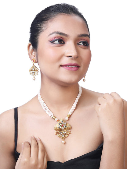 Gold-Plated Kundan Pearl Necklace Set With Dangle Earrings