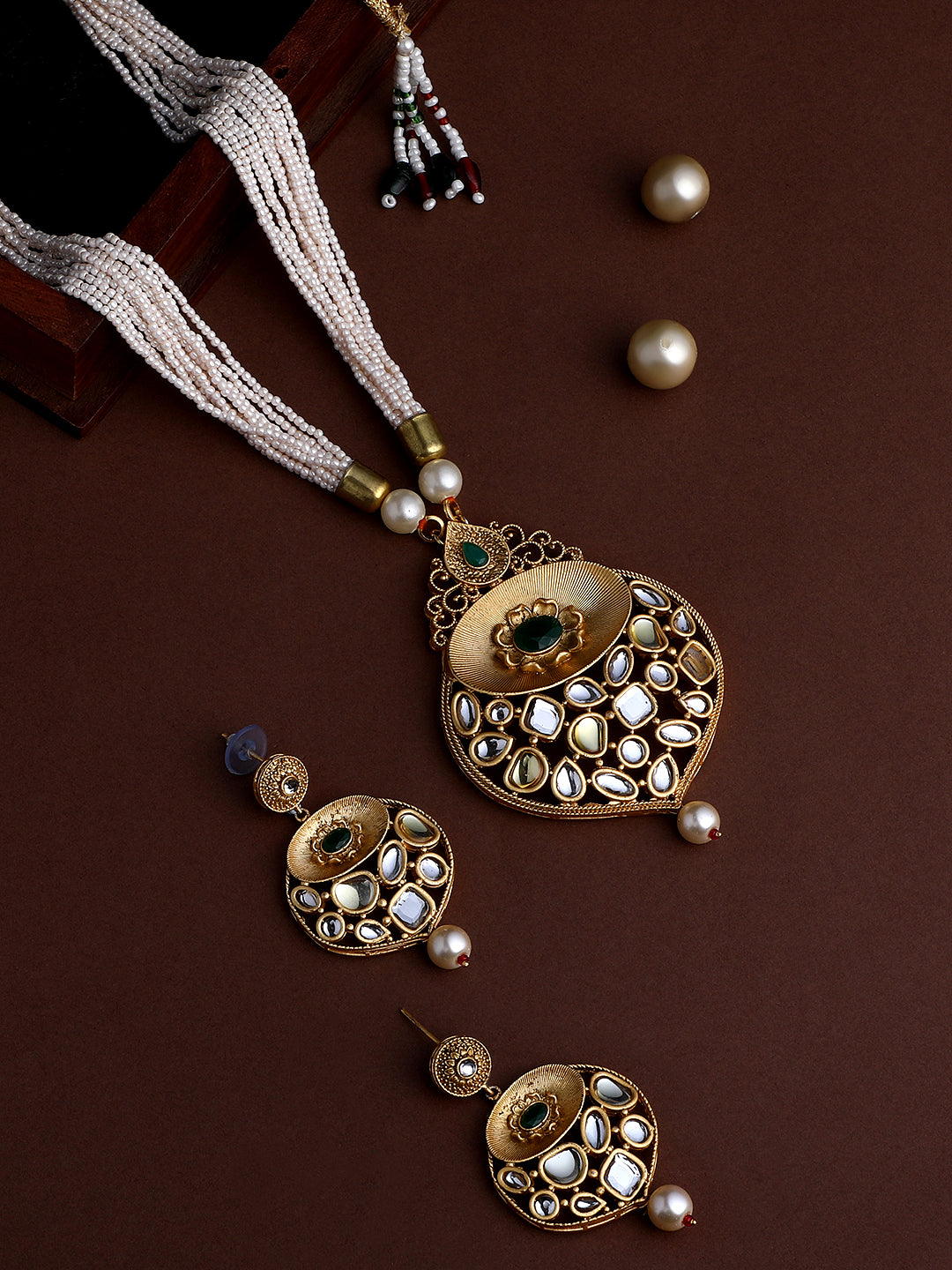 Gold-Plated Kundan Pearl Necklace Setwith Dangle Earrings