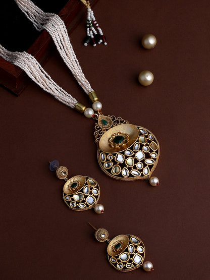 Gold-Plated Kundan Pearl Necklace Setwith Dangle Earrings