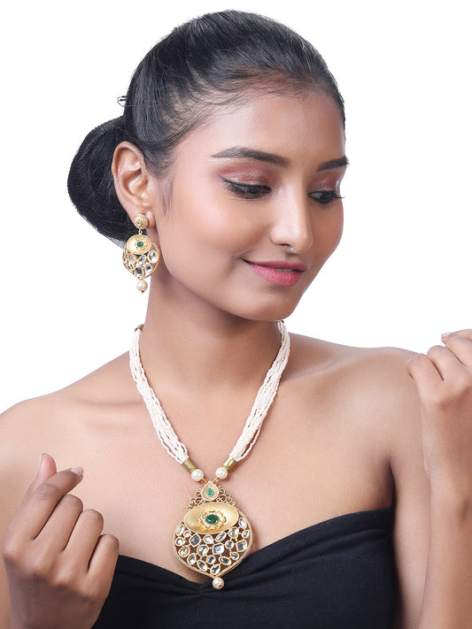 Gold-Plated Kundan Pearl Necklace Setwith Dangle Earrings