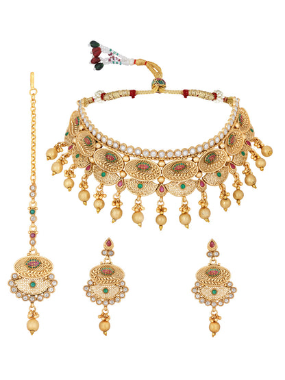 Gold-Plated Kundan Pearl Necklace Set With Dangle Earrings