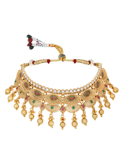 Gold-Plated Kundan Pearl Necklace Set With Dangle Earrings