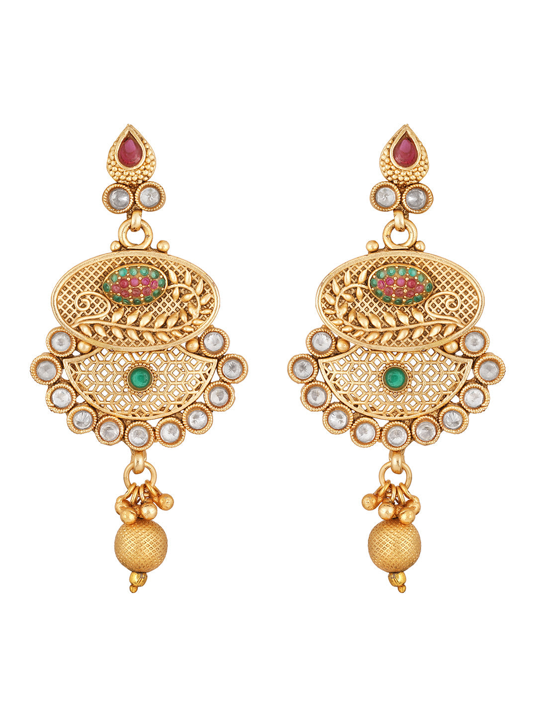 Gold-Plated Kundan Pearl Necklace Set With Dangle Earrings