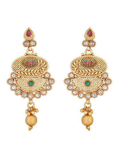 Gold-Plated Kundan Pearl Necklace Set With Dangle Earrings