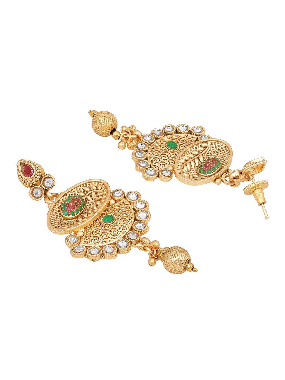 Gold-Plated Kundan Pearl Necklace Set With Dangle Earrings