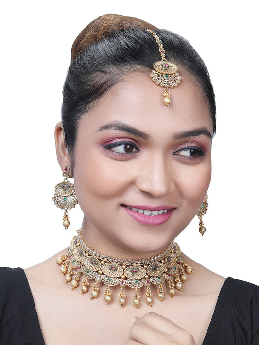 Gold-Plated Kundan Pearl Necklace Set With Dangle Earrings