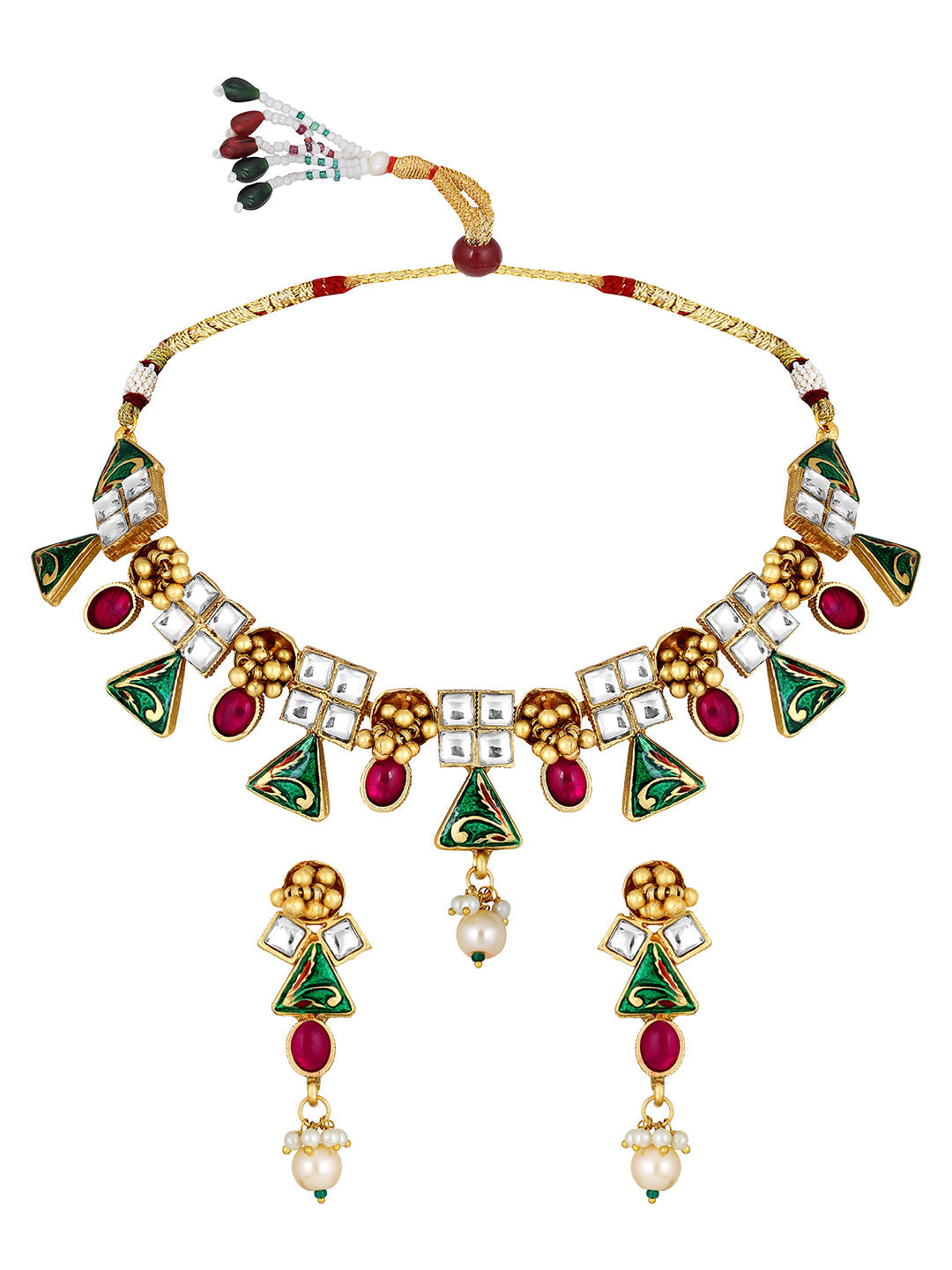 Gold-Plated Multicolor Kundan Pearl Dangle Earrings With Necklace Set