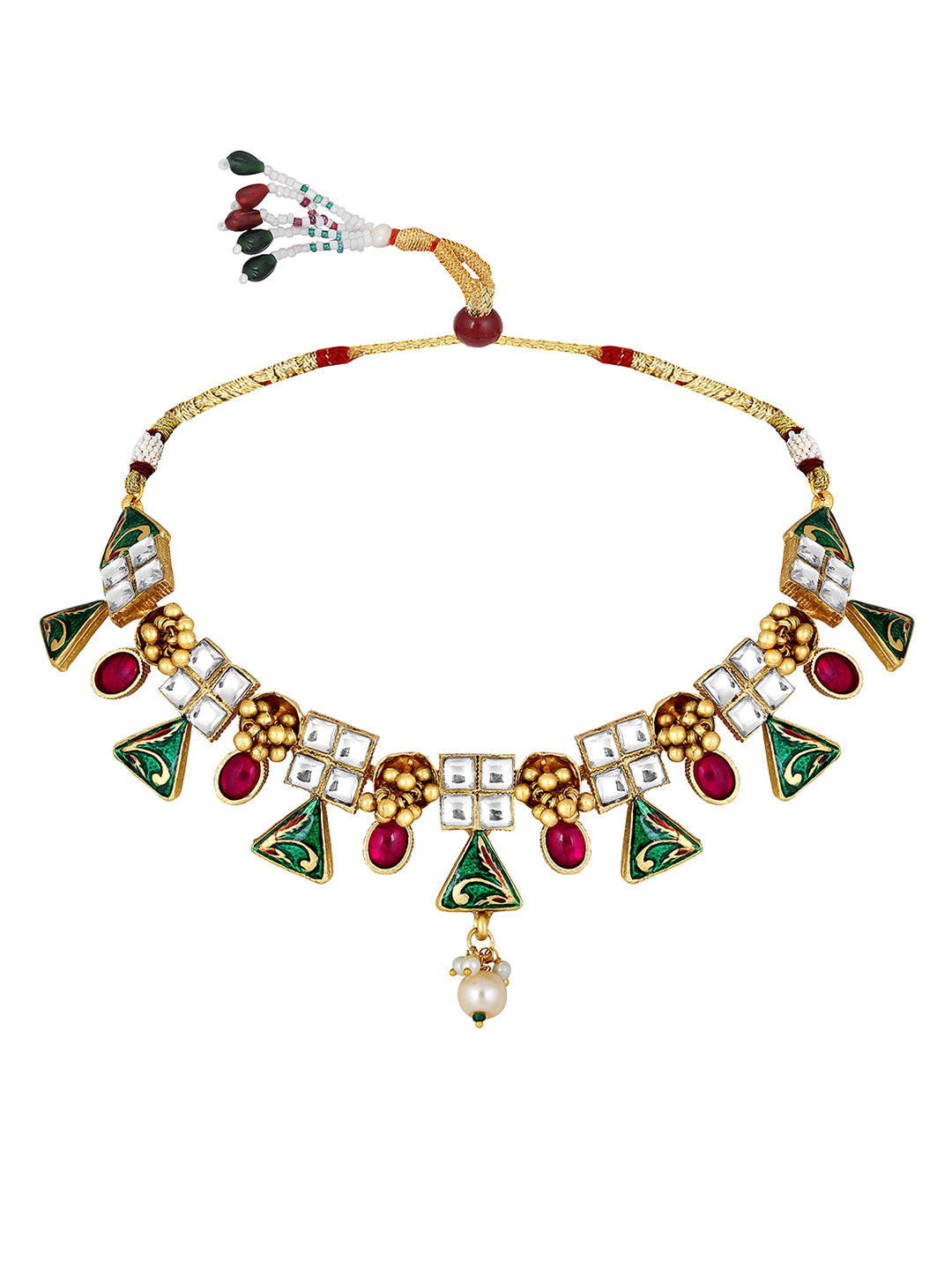 Gold-Plated Multicolor Kundan Pearl Dangle Earrings With Necklace Set