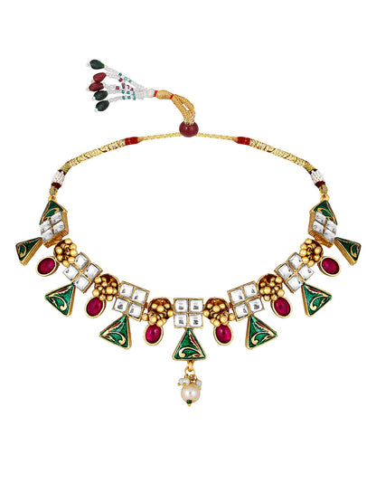 Gold-Plated Multicolor Kundan Pearl Dangle Earrings With Necklace Set