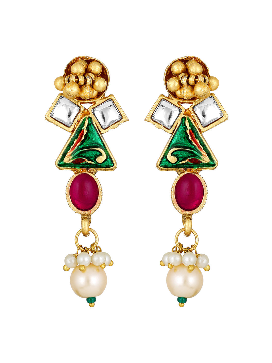 Gold-Plated Multicolor Kundan Pearl Dangle Earrings With Necklace Set