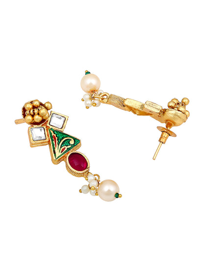 Gold-Plated Multicolor Kundan Pearl Dangle Earrings With Necklace Set