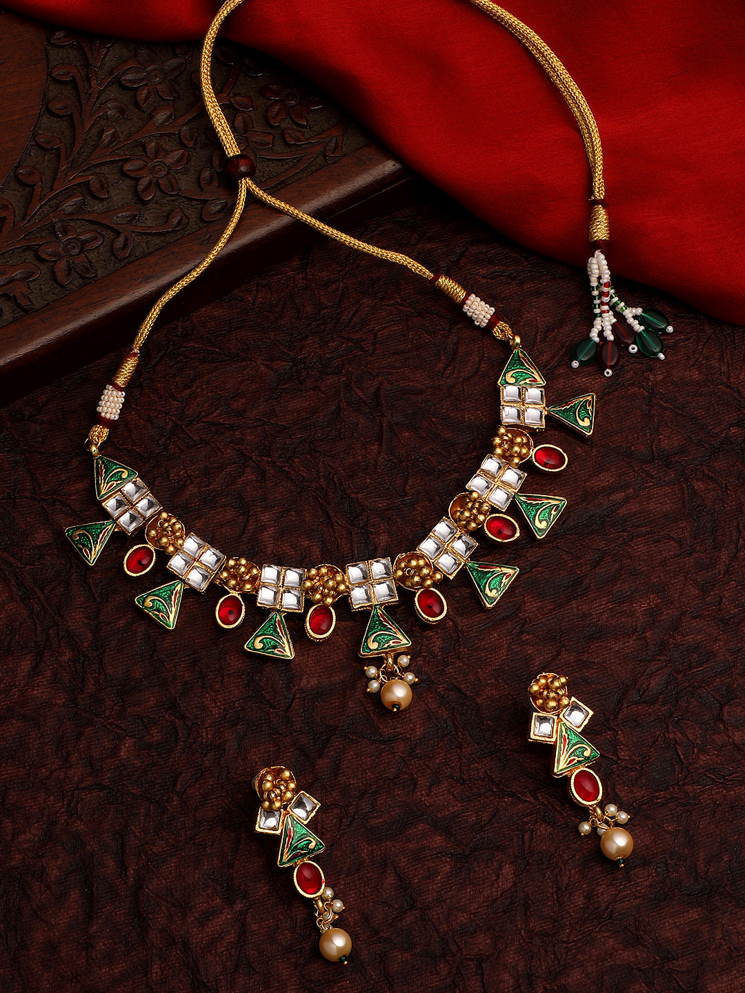 Gold-Plated Multicolor Kundan Pearl Dangle Earrings With Necklace Set