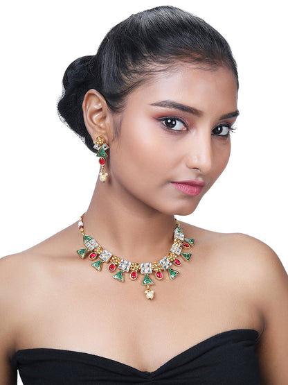 Gold-Plated Multicolor Kundan Pearl Dangle Earrings With Necklace Set