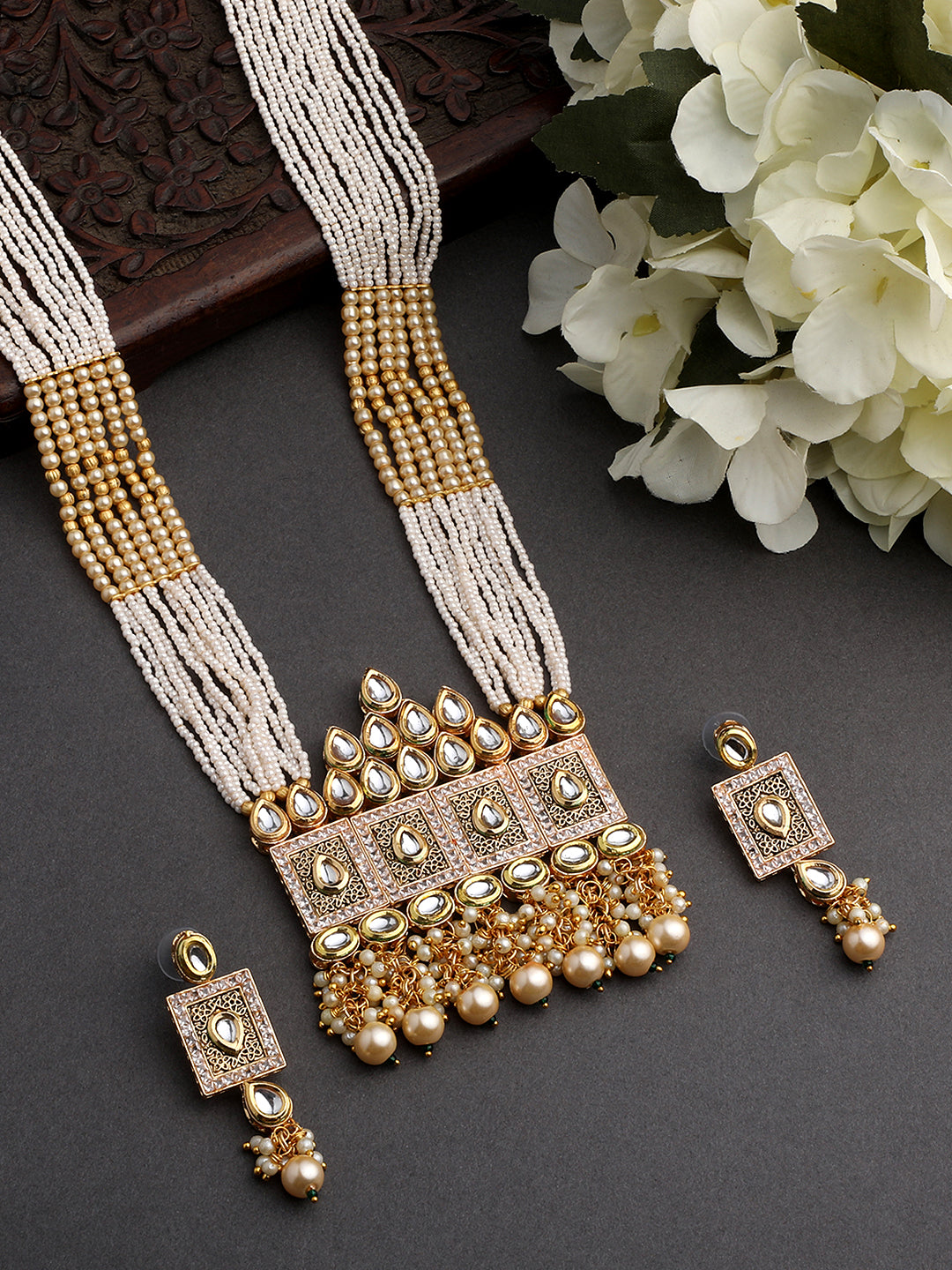 Gold-Plated Pearl Necklace Setwith Dangle Earrings