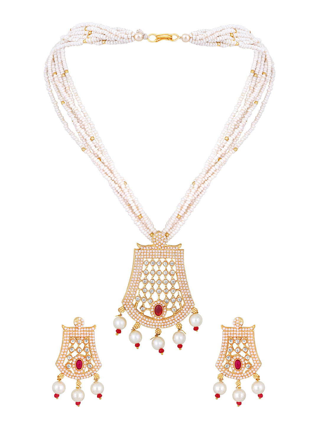Gold-Plated Kundan Pearl Necklace Setwith Dangle Earrings