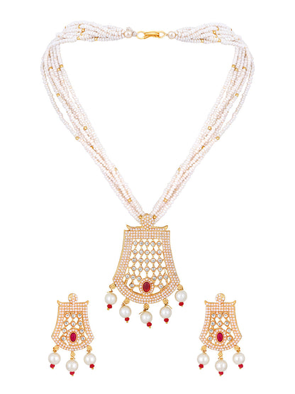 Gold-Plated Kundan Pearl Necklace Setwith Dangle Earrings