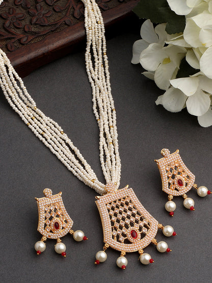 Gold-Plated Kundan Pearl Necklace Setwith Dangle Earrings