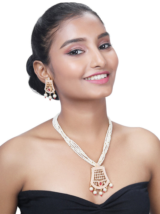 Gold-Plated Kundan Pearl Necklace Setwith Dangle Earrings