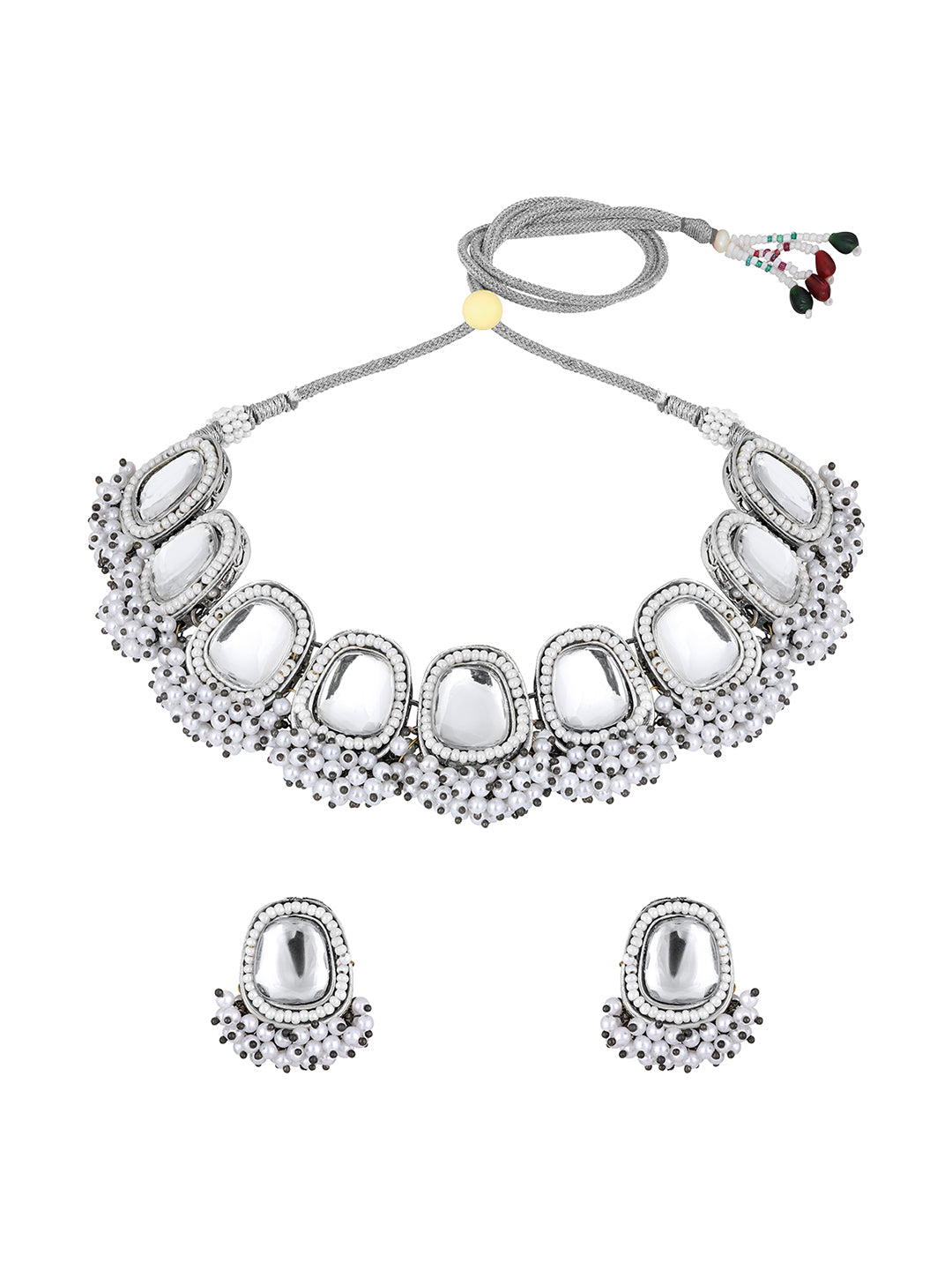 Silver-Plated Kundan Pearl Necklace Set With Drop Earring