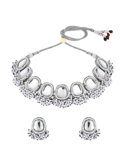 Silver-Plated Kundan Pearl Necklace Set With Drop Earring