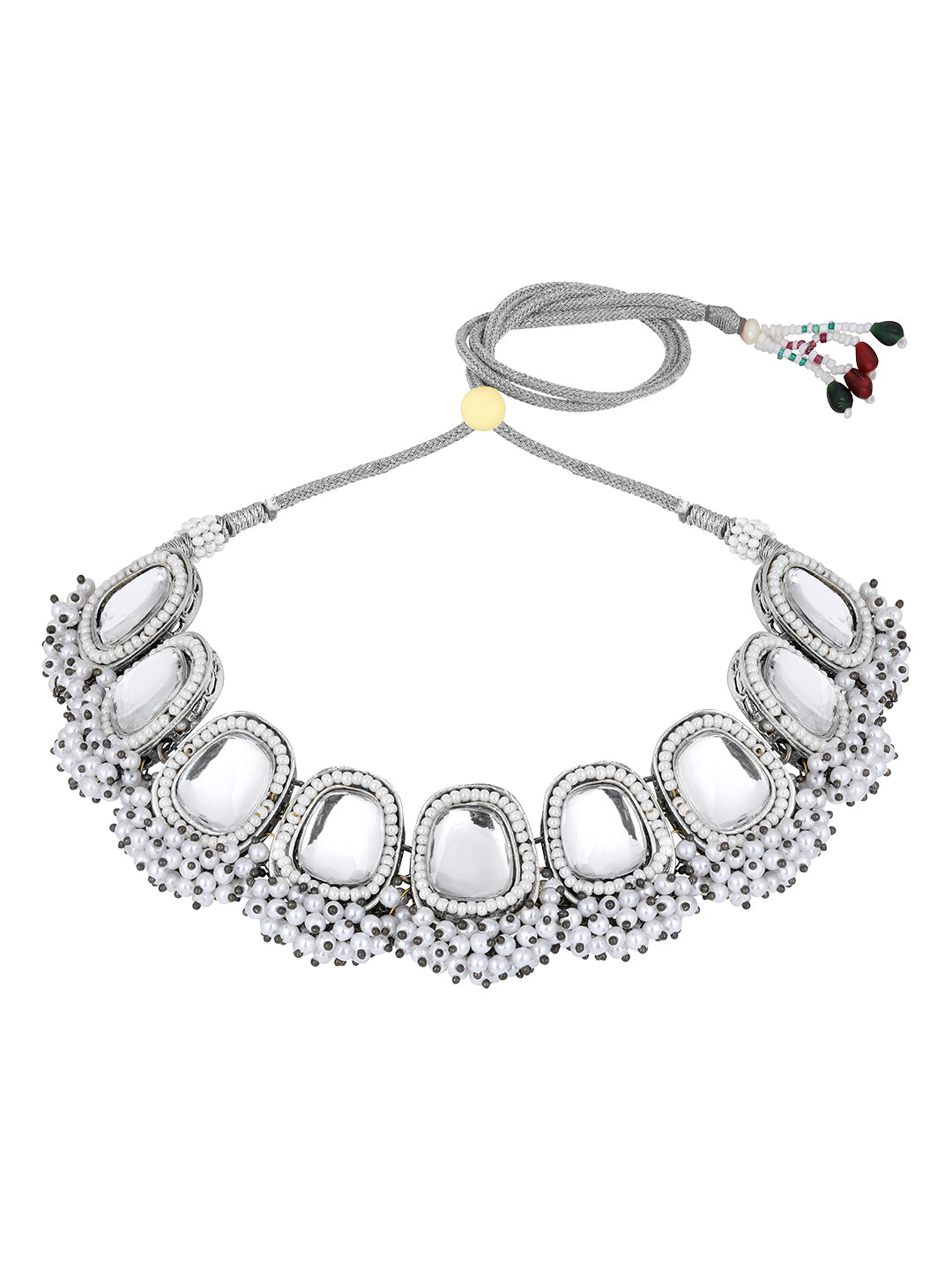 Silver-Plated Kundan Pearl Necklace Set With Drop Earring