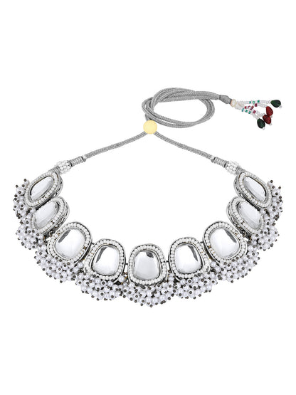 Silver-Plated Kundan Pearl Necklace Set With Drop Earring