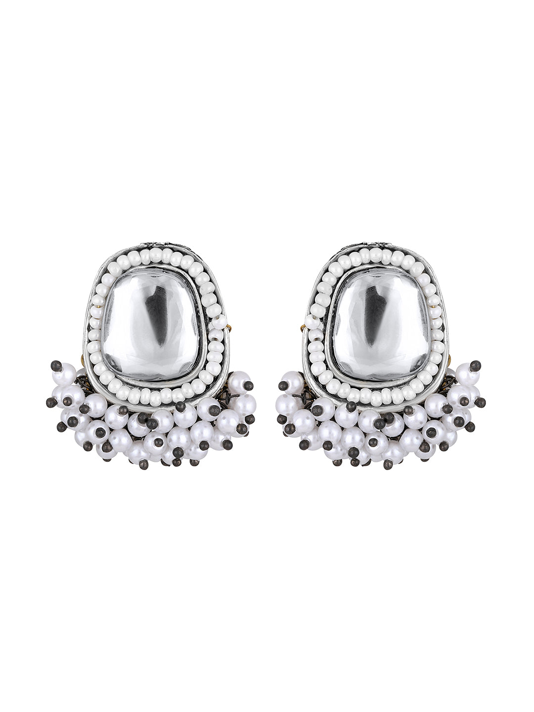 Silver-Plated Kundan Pearl Necklace Set With Drop Earring