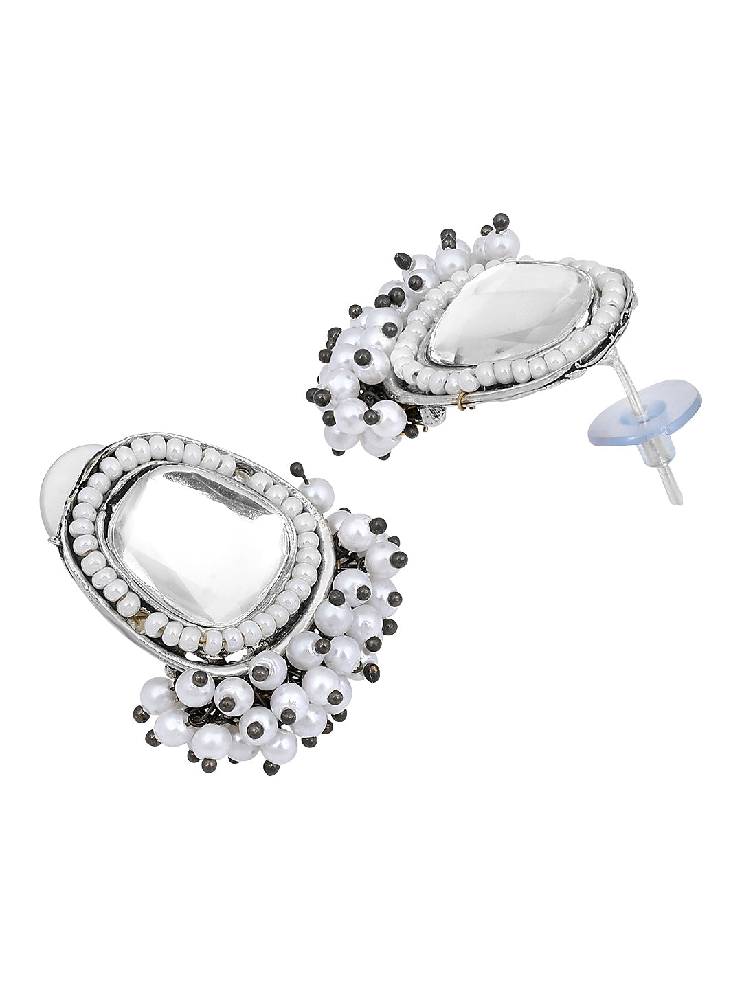 Silver-Plated Kundan Pearl Necklace Set With Drop Earring