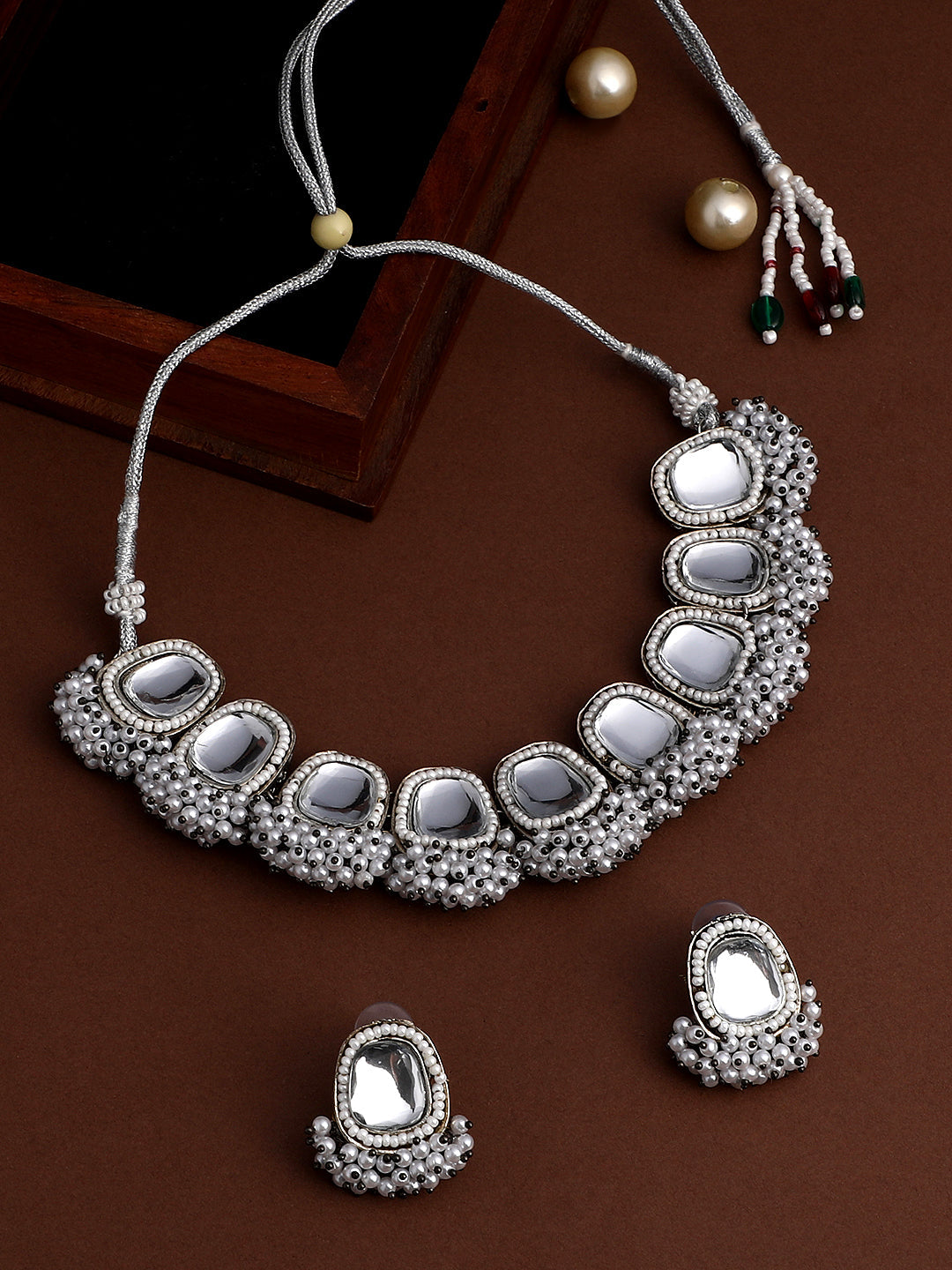 Silver-Plated Kundan Pearl Necklace Set With Drop Earring
