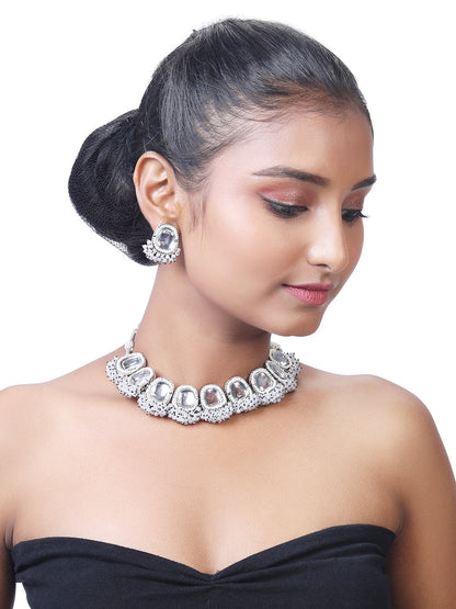 Silver-Plated Kundan Pearl Necklace Set With Drop Earring